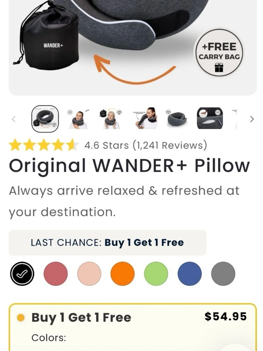 Wander Gray Travel Neck Pillow with Free Carry Bag